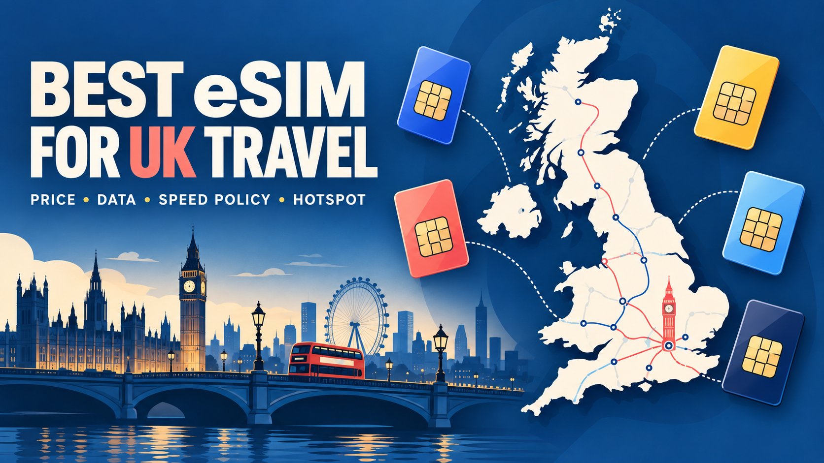 Best eSIM for UK travel comparison covering price, data, speed policy and hotspot.
