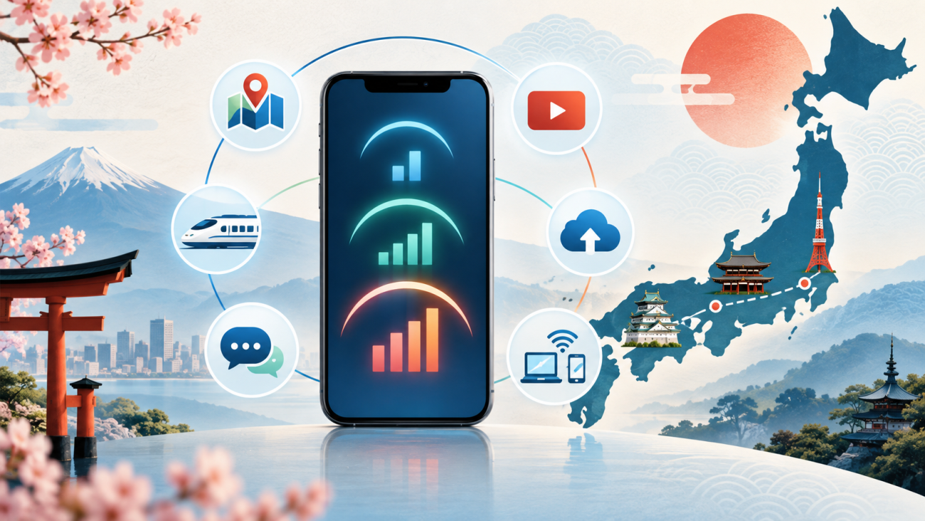 Japan travel data planning graphic with a smartphone, map, train, video, cloud upload and hotspot icons
