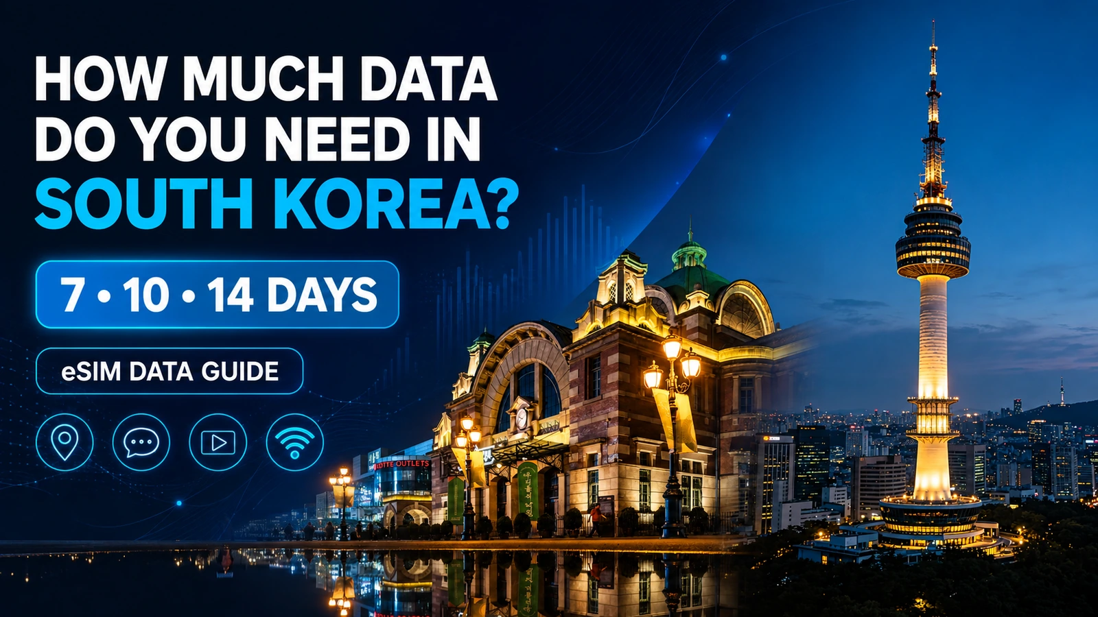 Seoul Station and N Seoul Tower with a South Korea eSIM data guide for 7, 10 and 14 day trips
