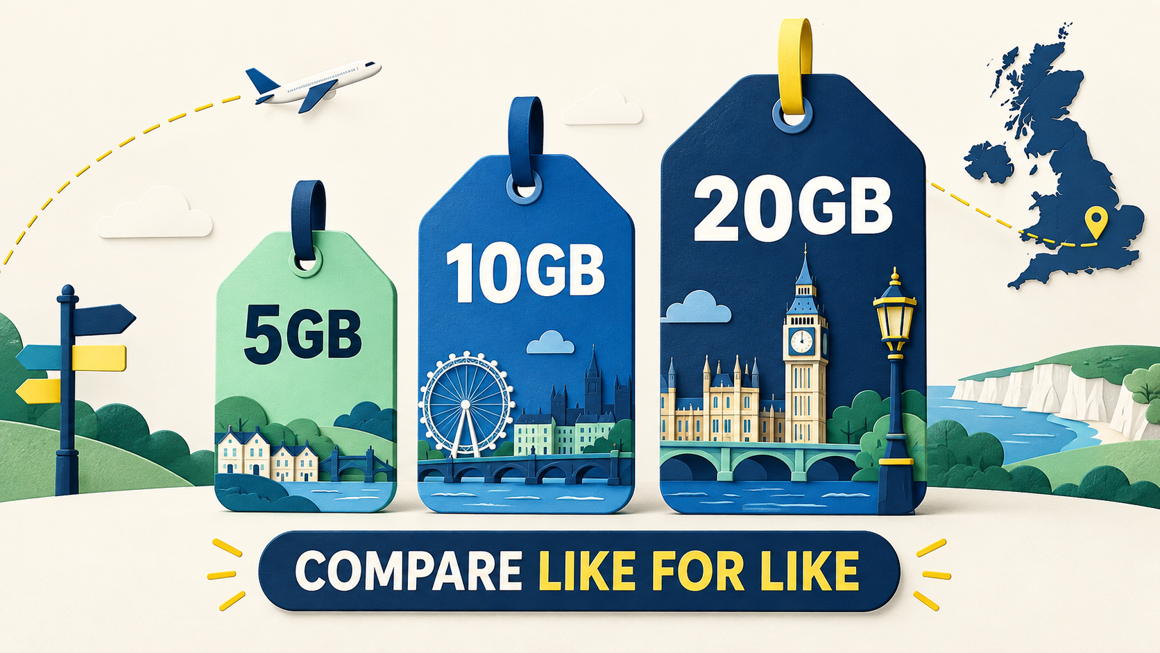Compare Fixed UK eSIM Data Like for Like Like-for-like comparison of 5GB, 10GB and 20GB UK travel eSIM plans