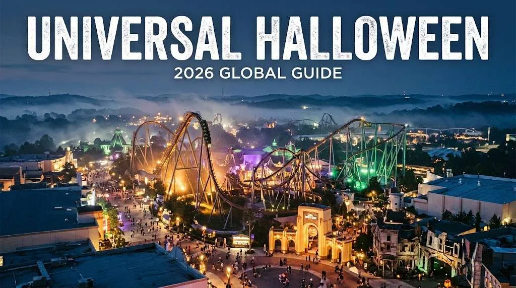 Aerial night view of Universal Studios theme park during Halloween Horror Nights 2026 global festival