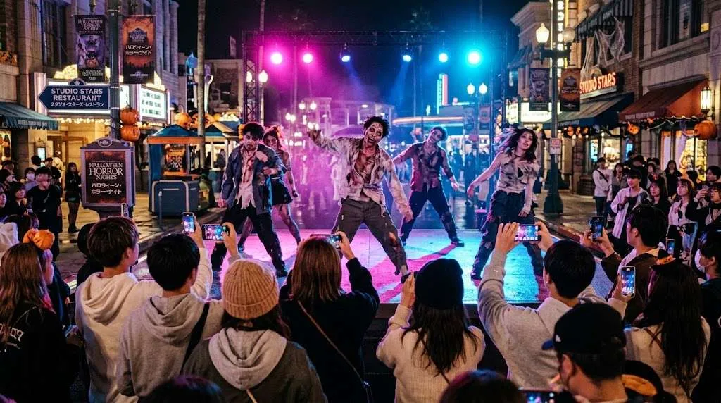 Performers in zombie makeup dancing on an illuminated stage during USJ Zombie de Dance in Osaka as crowds record on phones