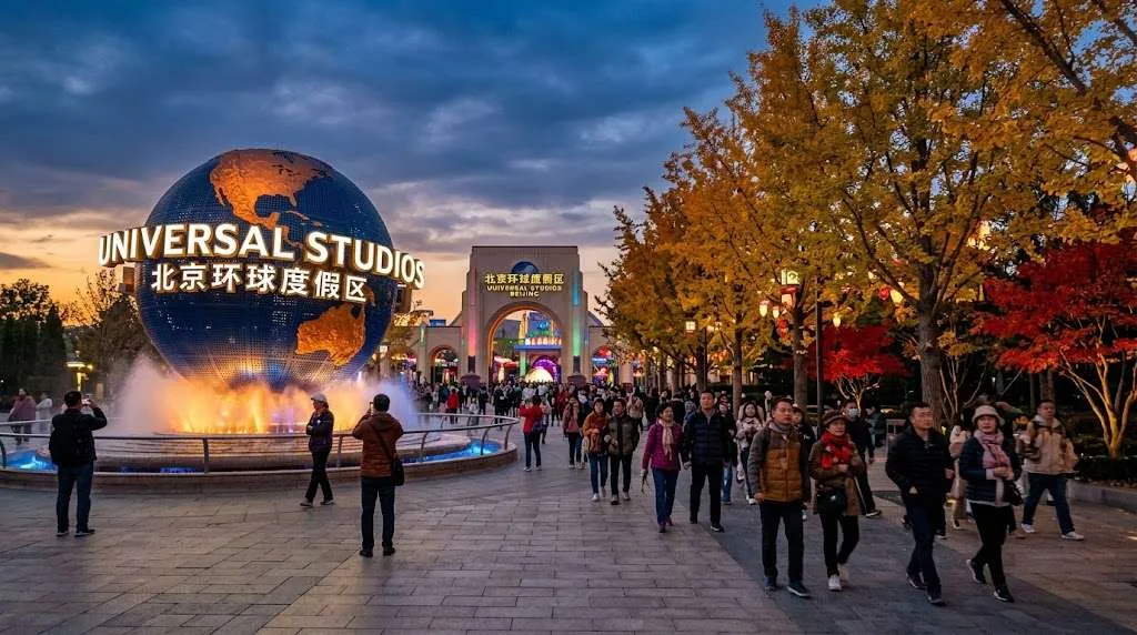 The illuminated Universal Studios Beijing globe surrounded by golden ginkgo trees and visitors in late autumn twilight