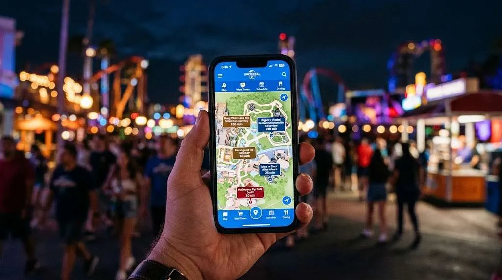 Hand holding a smartphone displaying real-time ride wait times and park map at a crowded theme park at night