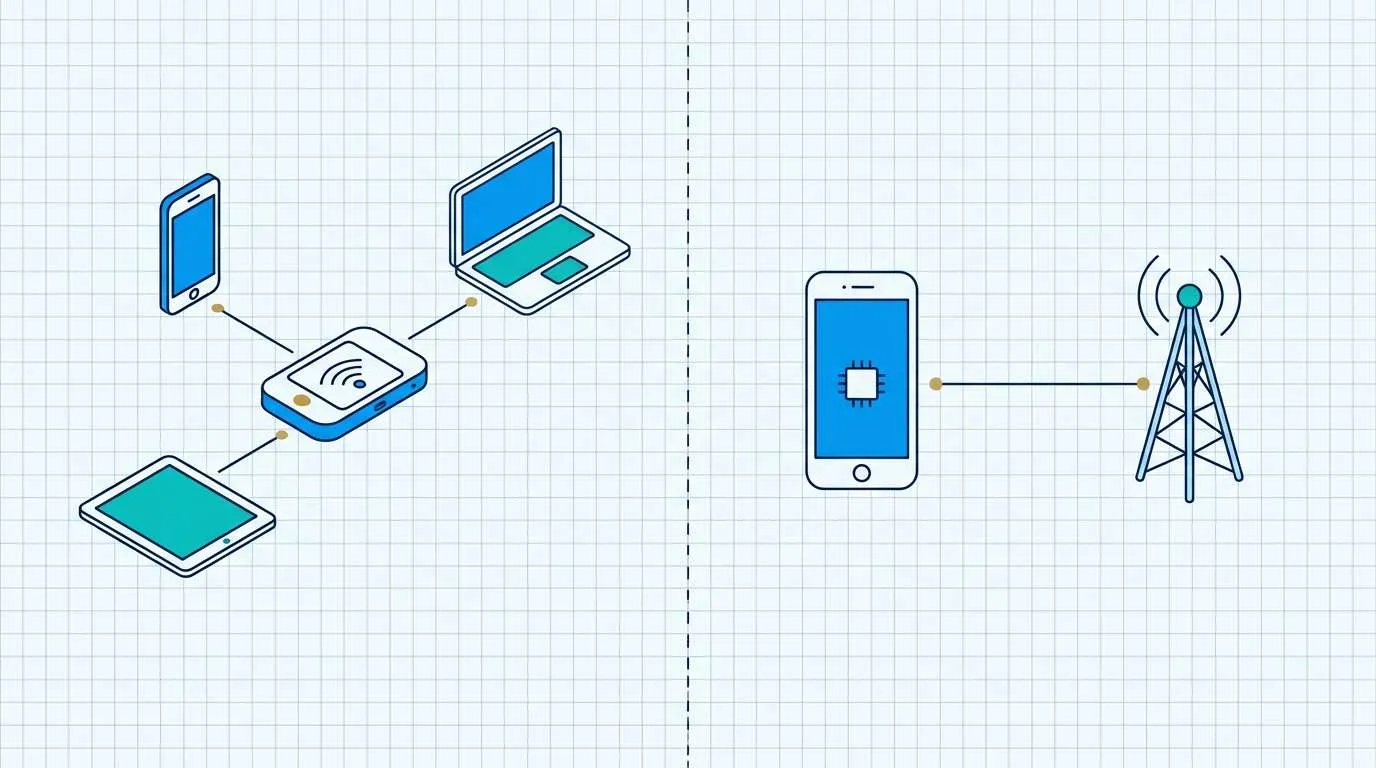 Pocket WiFi vs eSIM USA: an isometric diagram of a pocket WiFi sharing one Wi-Fi network with a phone, tablet and laptop, versus a single smartphone eSIM connected to a cell tower