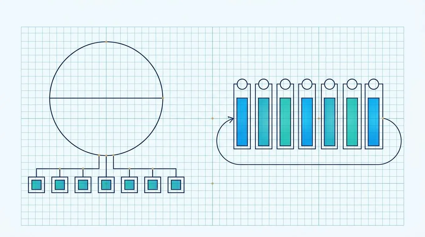 Data allowance concept: one large fixed data pool draining across the trip, beside seven bars that refill every day, comparing a total allowance with a daily reset