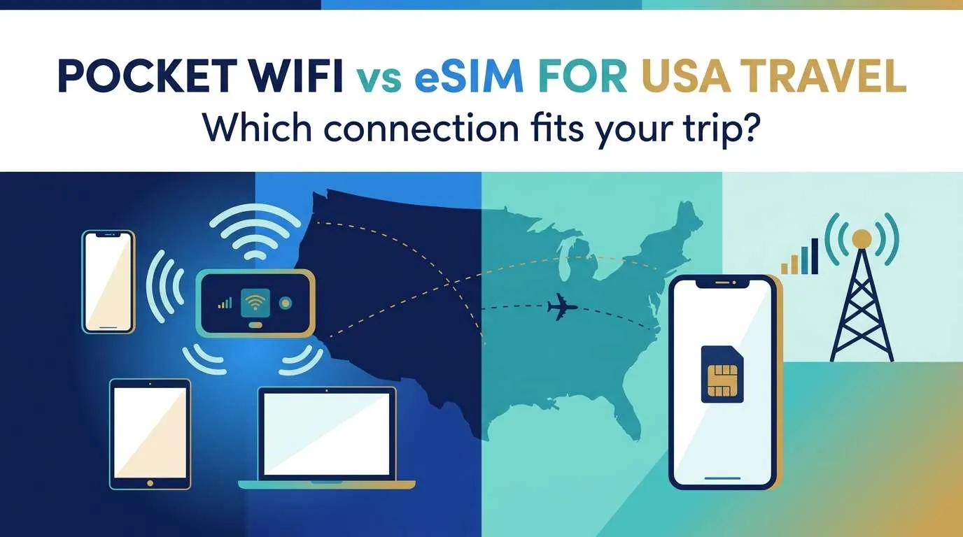 Pocket WiFi vs eSIM for USA Travel: a shared pocket WiFi hotspot serving a phone, tablet and laptop, beside a single smartphone eSIM connected to a cell tower, over a map of the United States