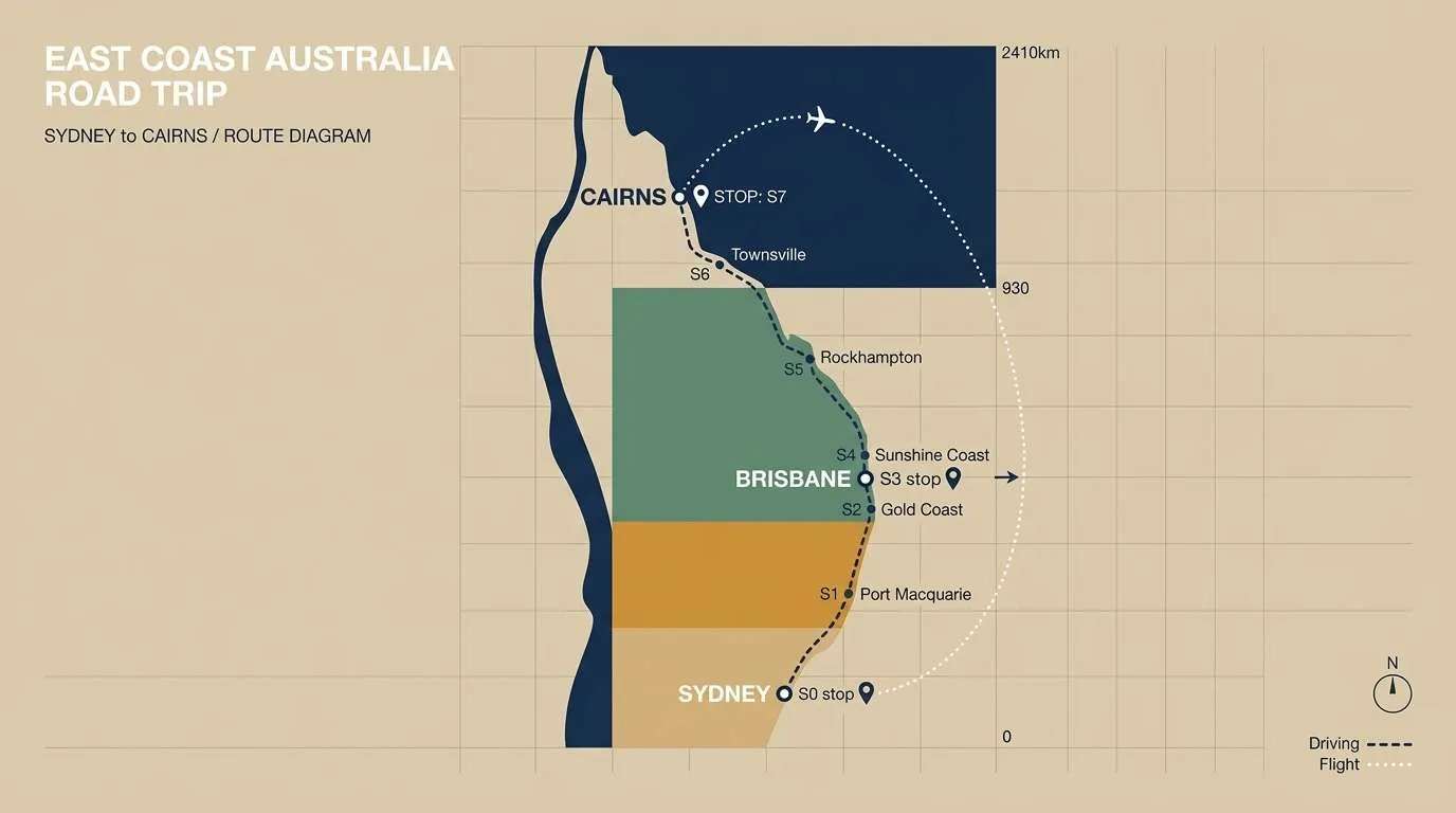Three-block East Coast Australia route from Sydney to Cairns with one flight segment