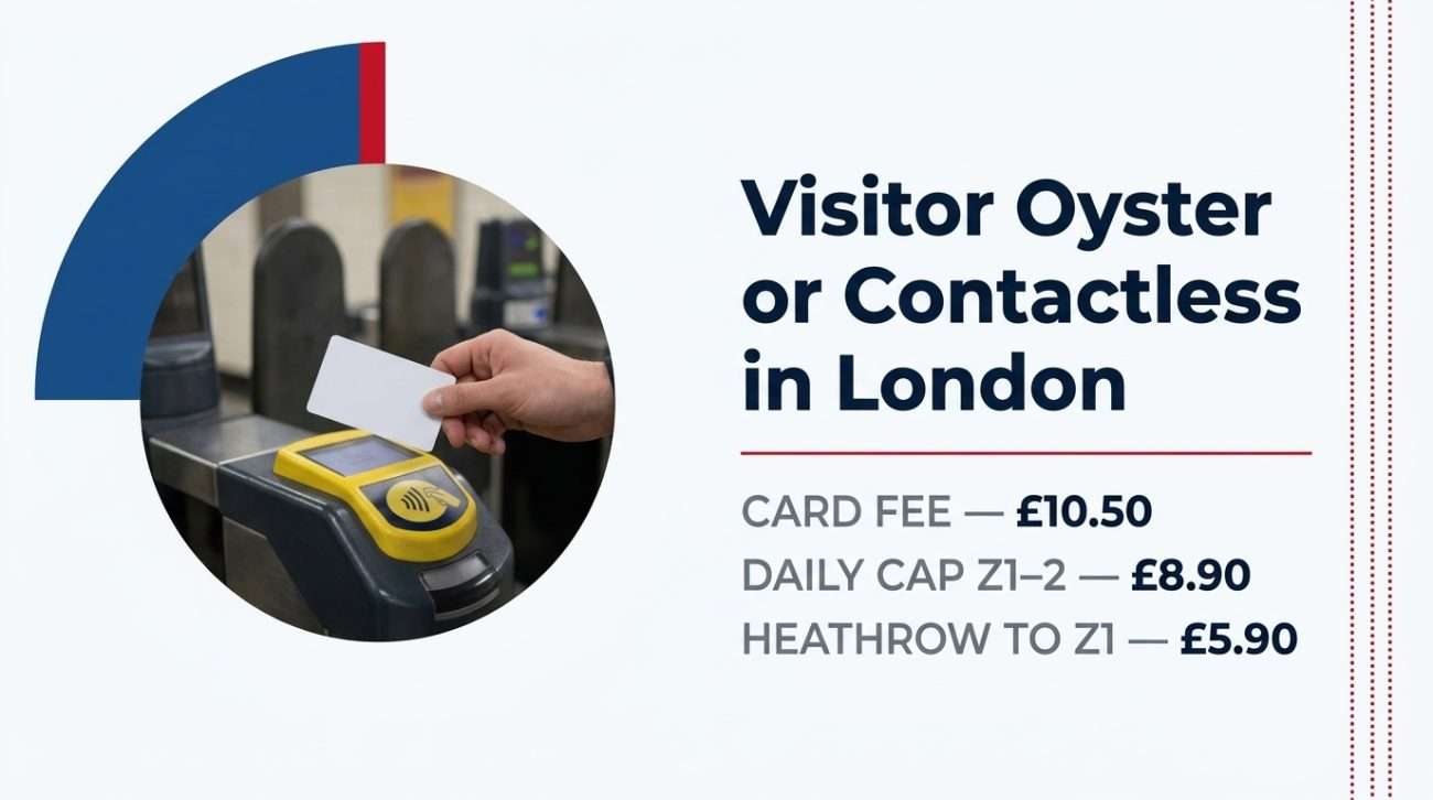 Blog cover image for 'Visitor Oyster or Contactless in London' featuring a circular photo of a card being tapped at a London Underground ticket gate, alongside fare comparison details on an off-white background.