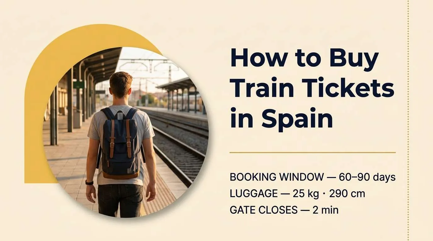 Spain train ticket cover: buying AVE, Avlo, OUIGO and iryo tickets, with booking window, luggage limit and gate time