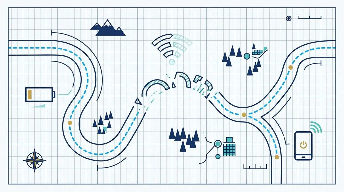 Stylized risk map of a USA road trip showing the main shared-hotspot failure points: a low battery, a broken Wi-Fi signal and a route fork where the group separates