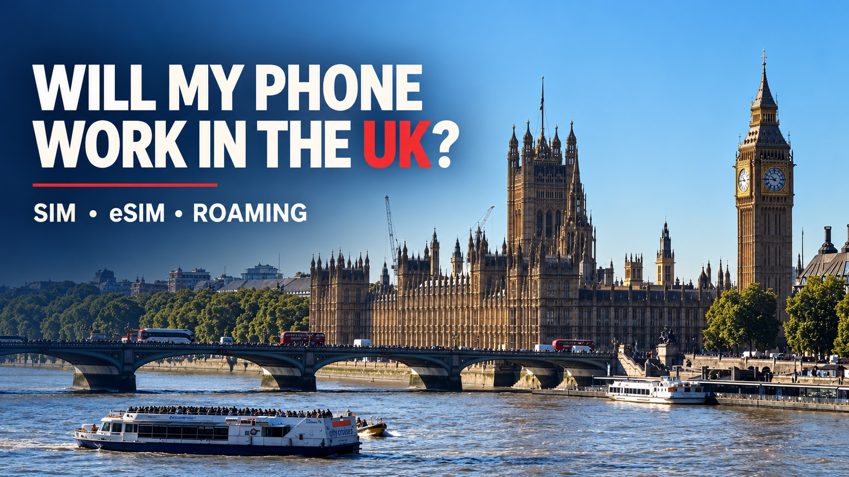 London skyline for a guide explaining whether a phone will work in the UK with SIM, eSIM or roaming