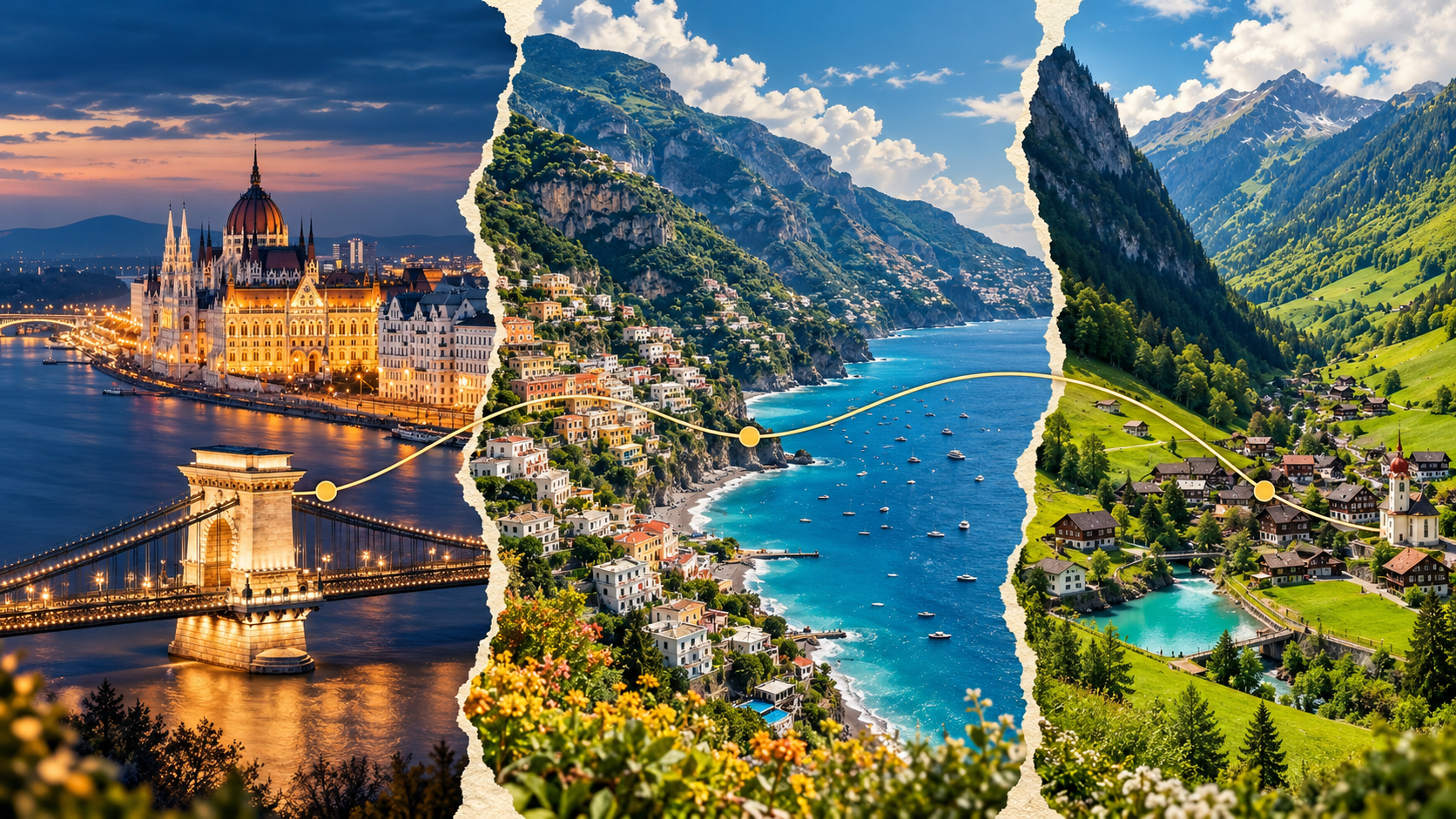 Cross-Border SIM Coverage for Europe Travel Budapest, Positano and the Swiss Alps linked by a route line across Europe