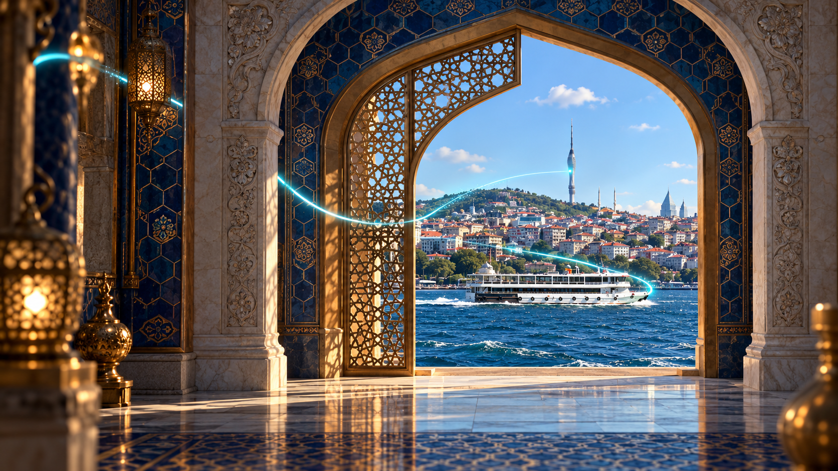 Turkey eSIM Restrictions: Access and Connection Are Different Turquoise signal path crossing a patterned gateway toward a Bosphorus ferry