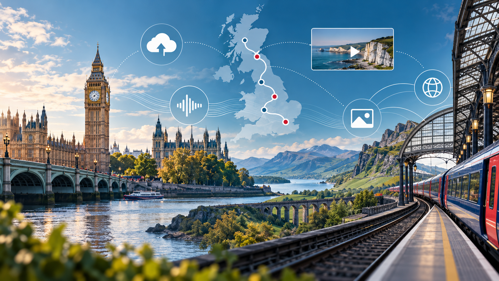 Mobile Data Use During a UK Trip UK travel collage showing maps, music, video calls and cloud uploads as mobile data activities