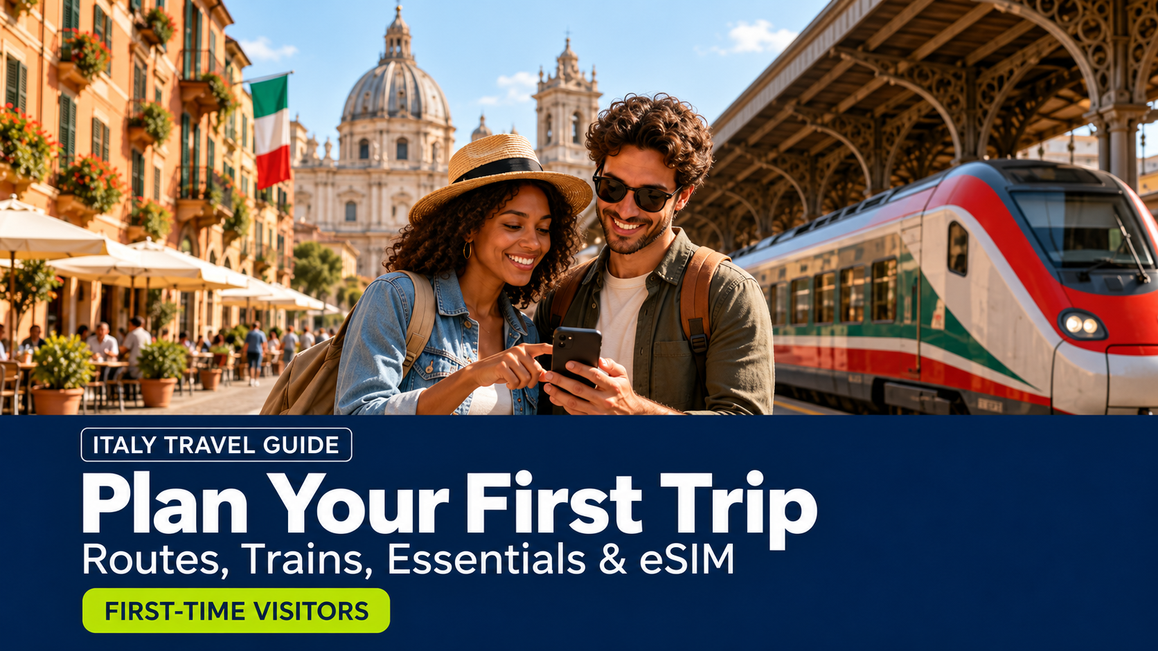 First-time travelers checking a phone beside an Italian train in Rome