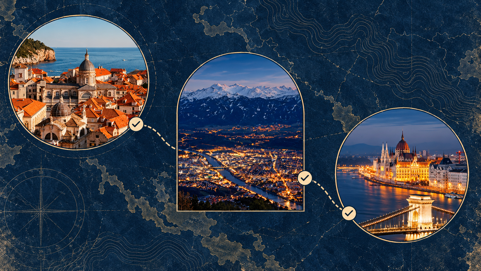 Check SIM Coverage for Every Stop in Europe Dubrovnik, an Alpine city and Budapest marked as checked stops on a European route