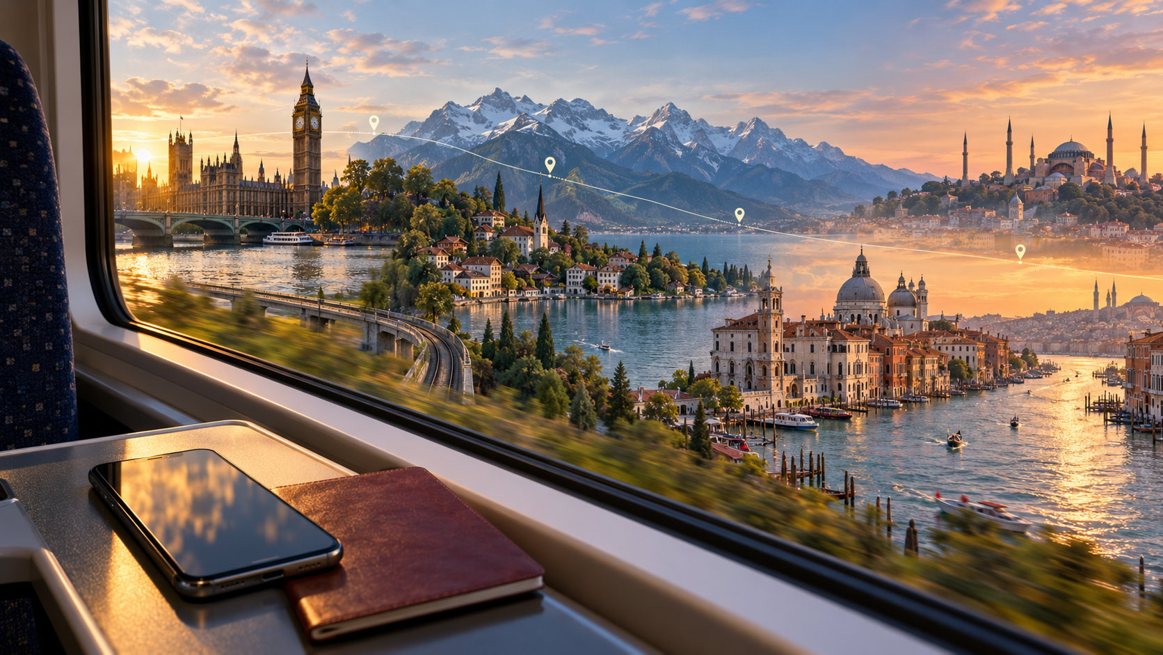 Smartphone on a train table with a route through London, the Swiss Alps, Venice and Istanbul