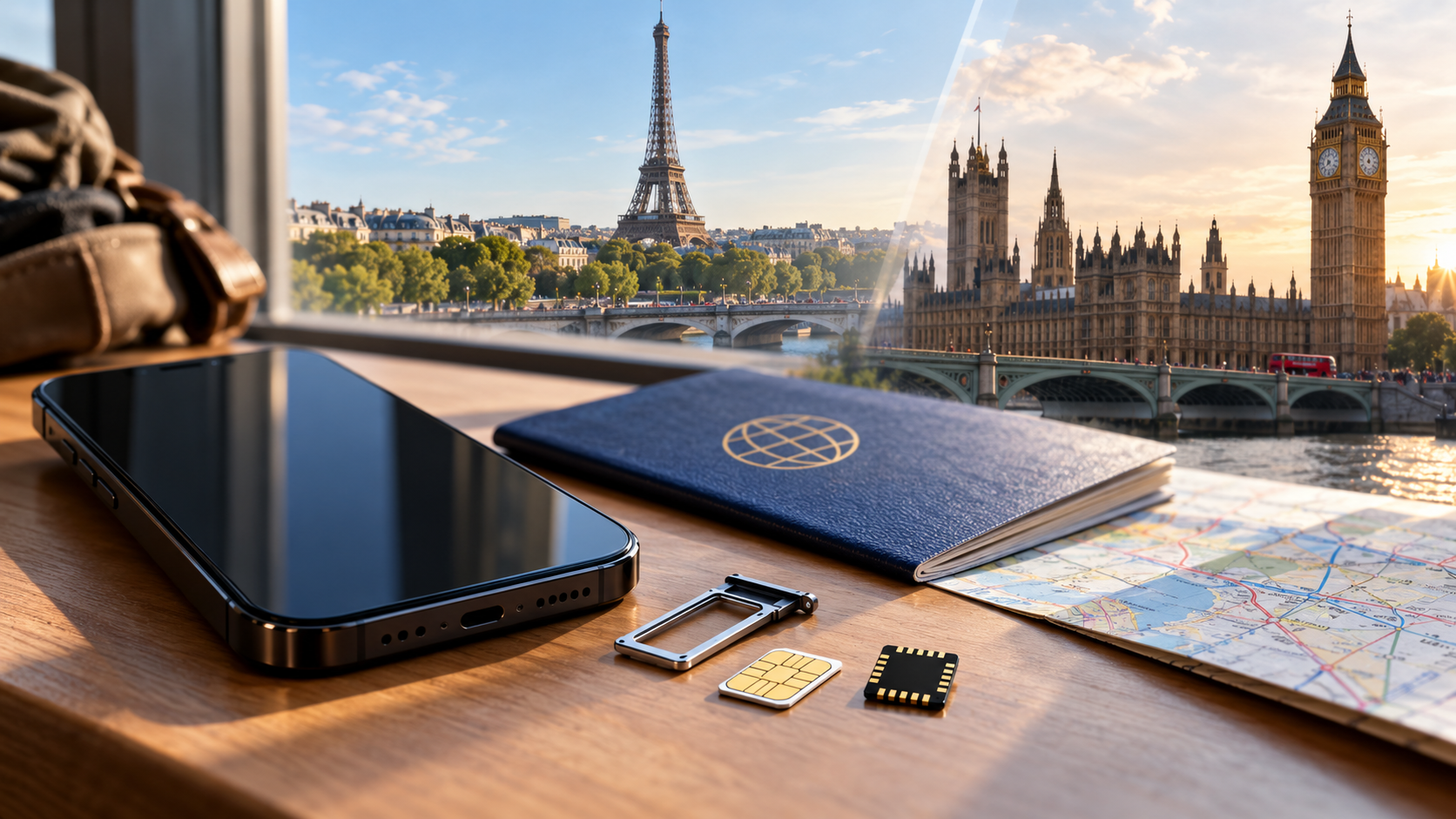 Phone, physical SIM and eSIM chip on a travel desk with Paris and London landmarks in the background