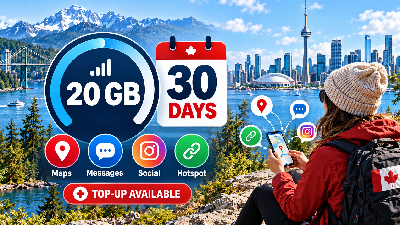20GB for 30 days Canada eSIM with maps, messages, social use and top-up