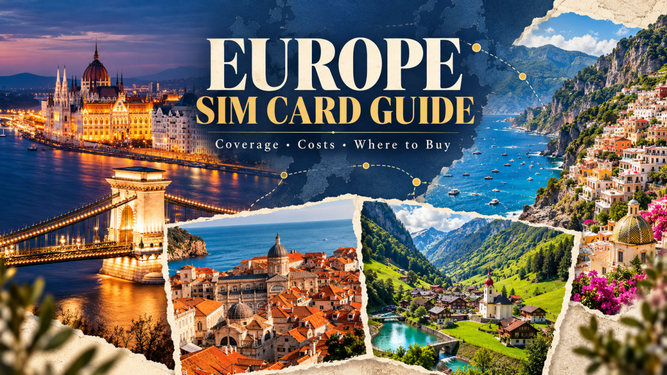 Budapest, Dubrovnik, the Adriatic coast and Swiss Alps in a Europe SIM card guide collage