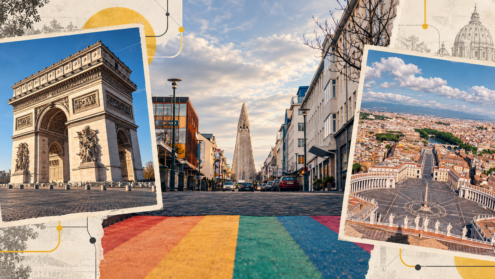 Where to Buy a SIM Card for Europe Paris, Reykjavik and Rome city scenes representing SIM card buying options for Europe