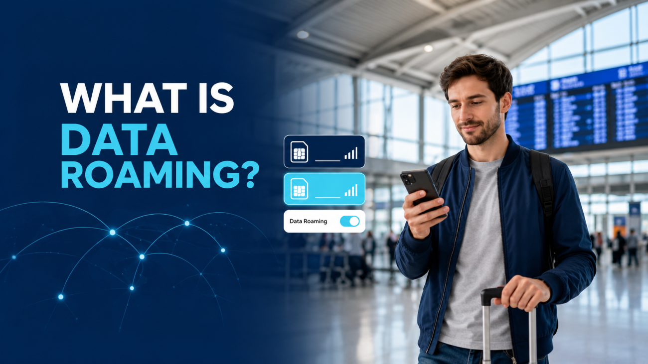 What is data roaming? Traveler using a phone in an airport with mobile network icons