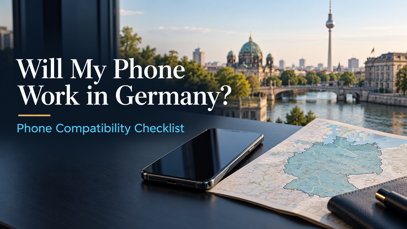 Berlin skyline, smartphone and Germany map for a phone compatibility guide