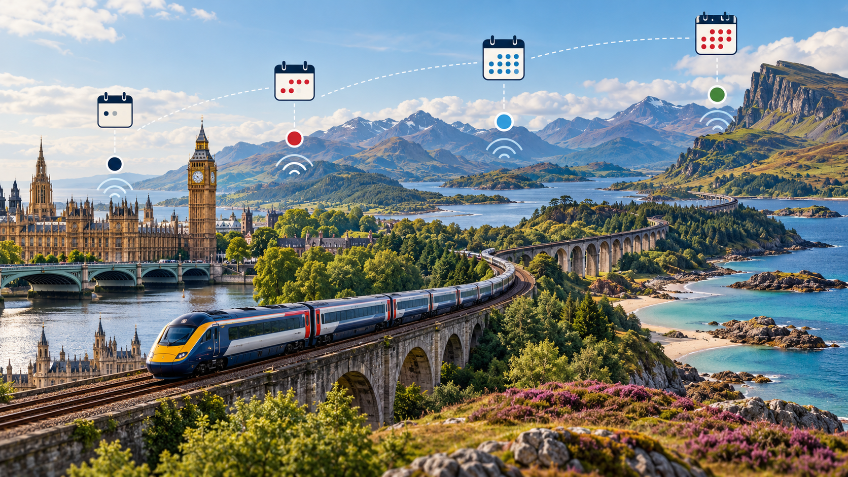 UK Mobile Data by Trip Length UK rail route linking London and Scotland with markers for different trip lengths