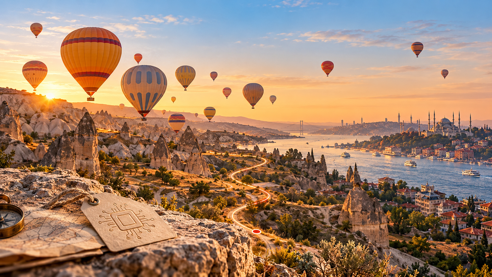 Install Your Turkey eSIM Before Arrival Cappadocia balloons and a travel route reaching Istanbul before arrival