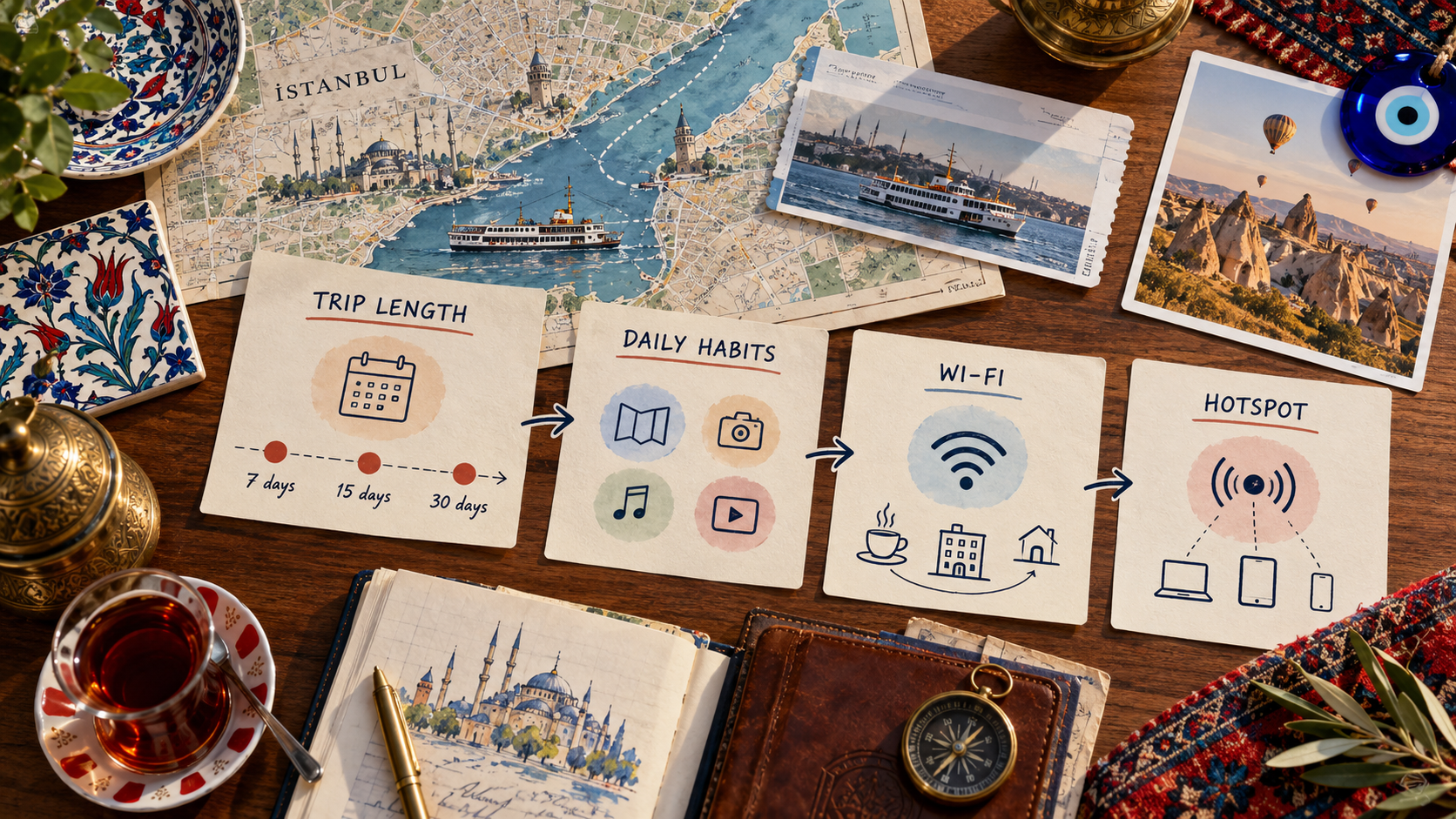 How to Estimate Mobile Data for a Turkey Trip Turkey travel planning table showing trip length, daily habits, Wi-Fi and hotspot factors