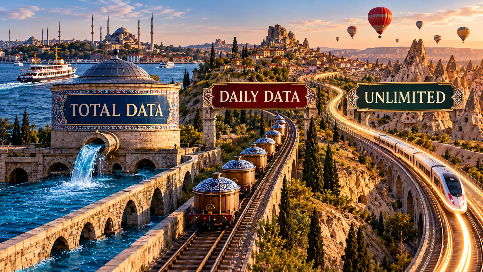 Turkey eSIM Data Models: Total, Daily and Unlimited Turkey travel route comparing total data, daily data and unlimited data plan models