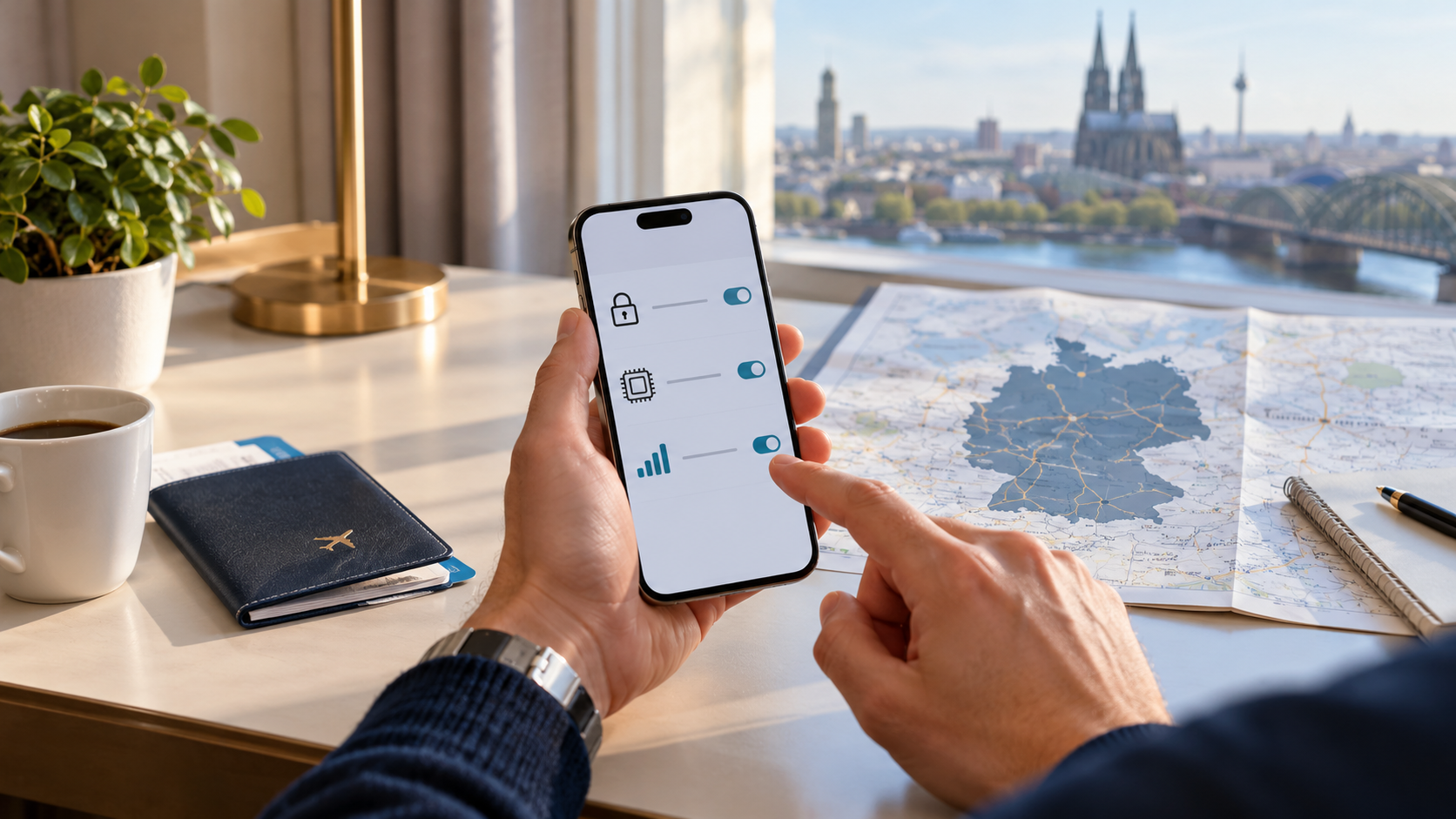 Check Your Phone and Connection Options Before Germany Will my phone work in Germany? Traveler checking a Germany map, phone, physical SIM and mobile hotspot before a trip