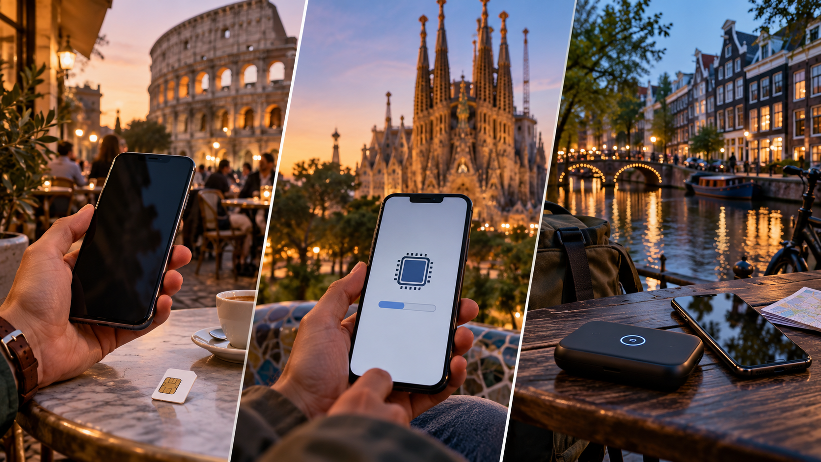 Local SIM, travel eSIM and pocket Wi-Fi shown across Rome, Barcelona and Amsterdam travel scenes