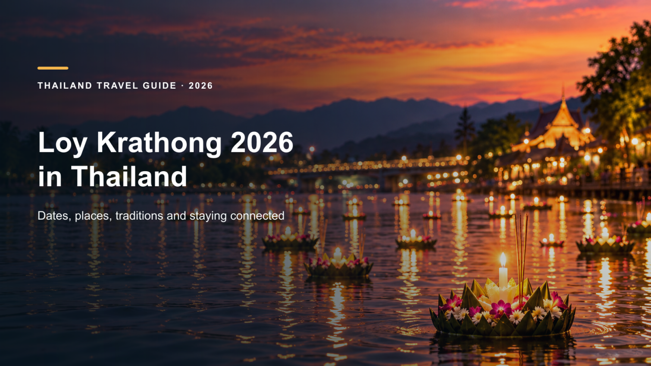 Loy Krathong 2026 in Thailand with flower krathongs and candlelight on the water