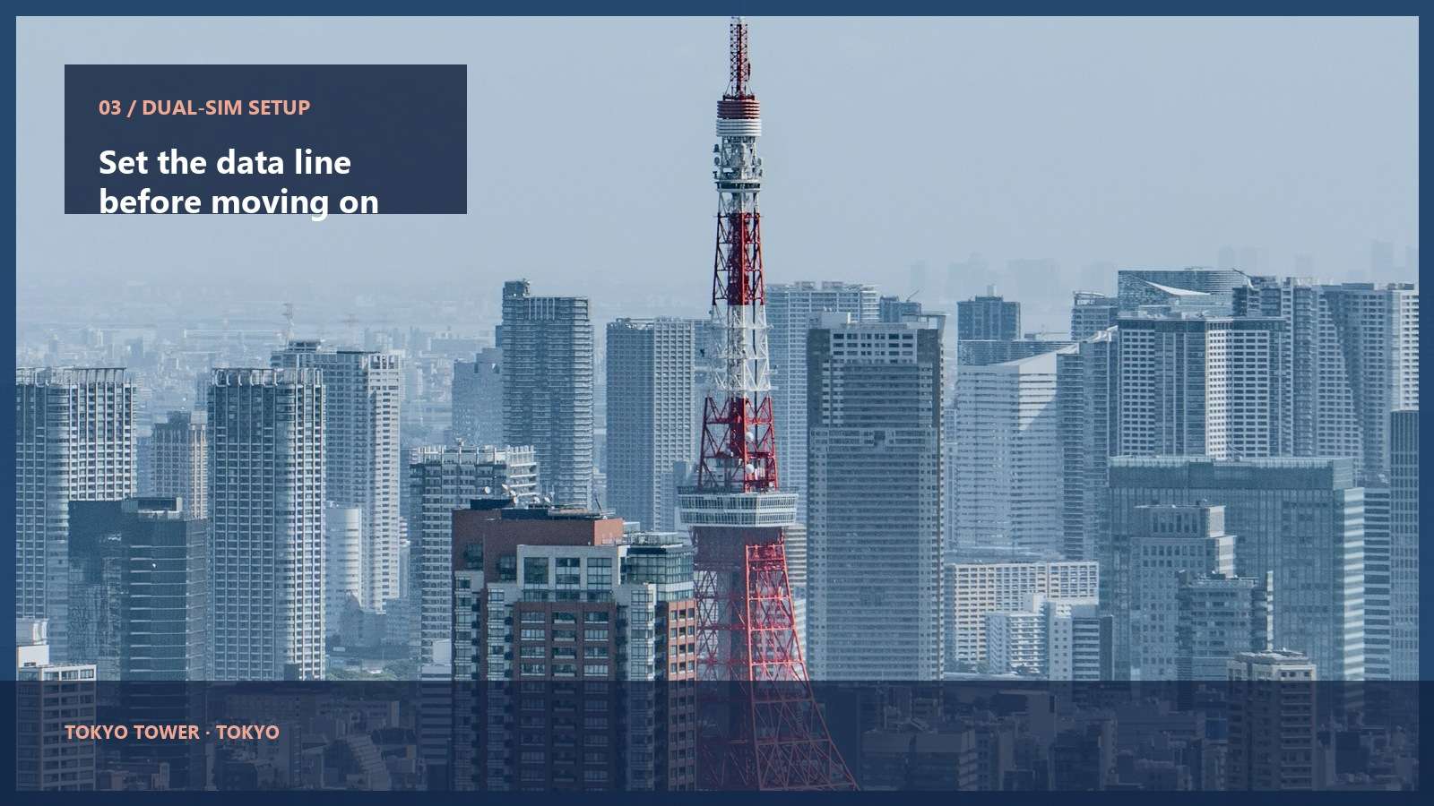 Tokyo Tower and the Tokyo skyline with a graphic about dual-SIM setup