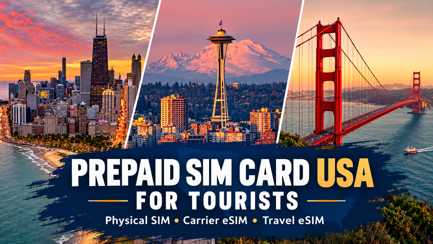 Chicago skyline, Seattle Space Needle and Golden Gate Bridge in a prepaid SIM card USA cover