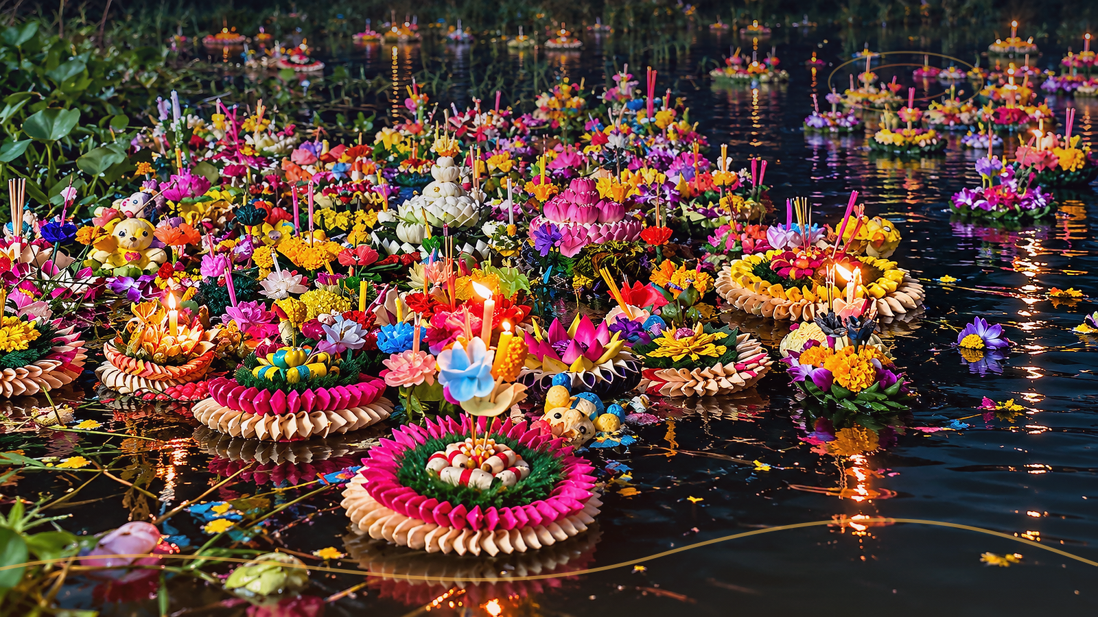 Colorful flower krathongs float together on dark water