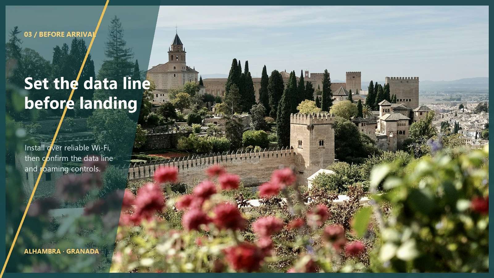Spain dual-SIM setup before arrival Alhambra in Granada, Spain, with a graphic reminding travelers to set the data line before arrival