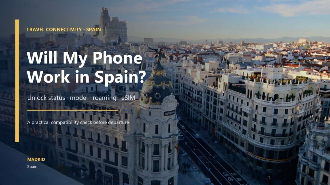 Gran Vía in Madrid, Spain, with a travel connectivity guide overlay